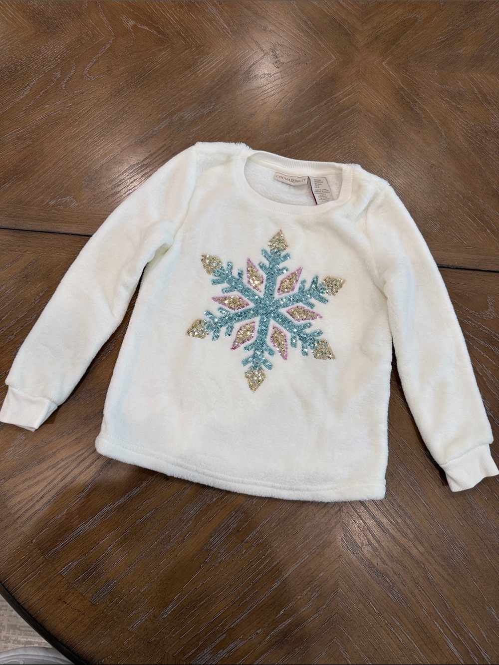 Cynthia Rowley White Fuzzy Sweatshirt with Multicolor Sequin Snowflake